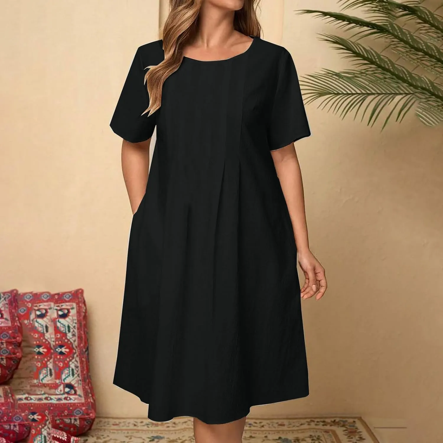 Women's Short Sleeve Swing Midi Dress Flowy Crewneck Plus Size Casual Loose Beach Vacation Dailywear T-Shirt Dress