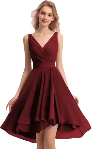 Women's Short V-Neck Bridesmaid Dresses Summer Ruched Chiffon Wedding Prom Cocktail Party Dress