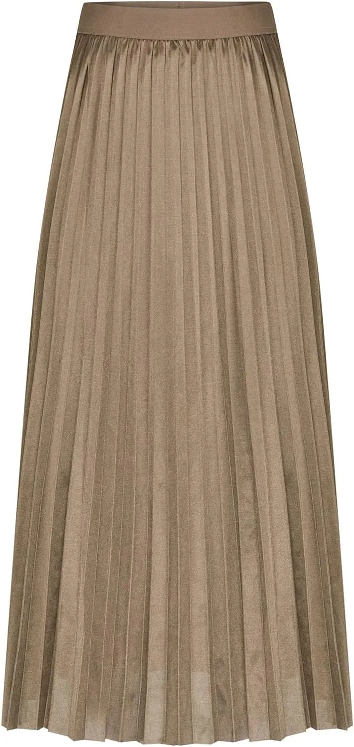 Womens Silk Satin High Waisted Maxi Skirts Dressy Hidden Elasticized Waistband Pleated Flowy Swing A Line Long Skirt
