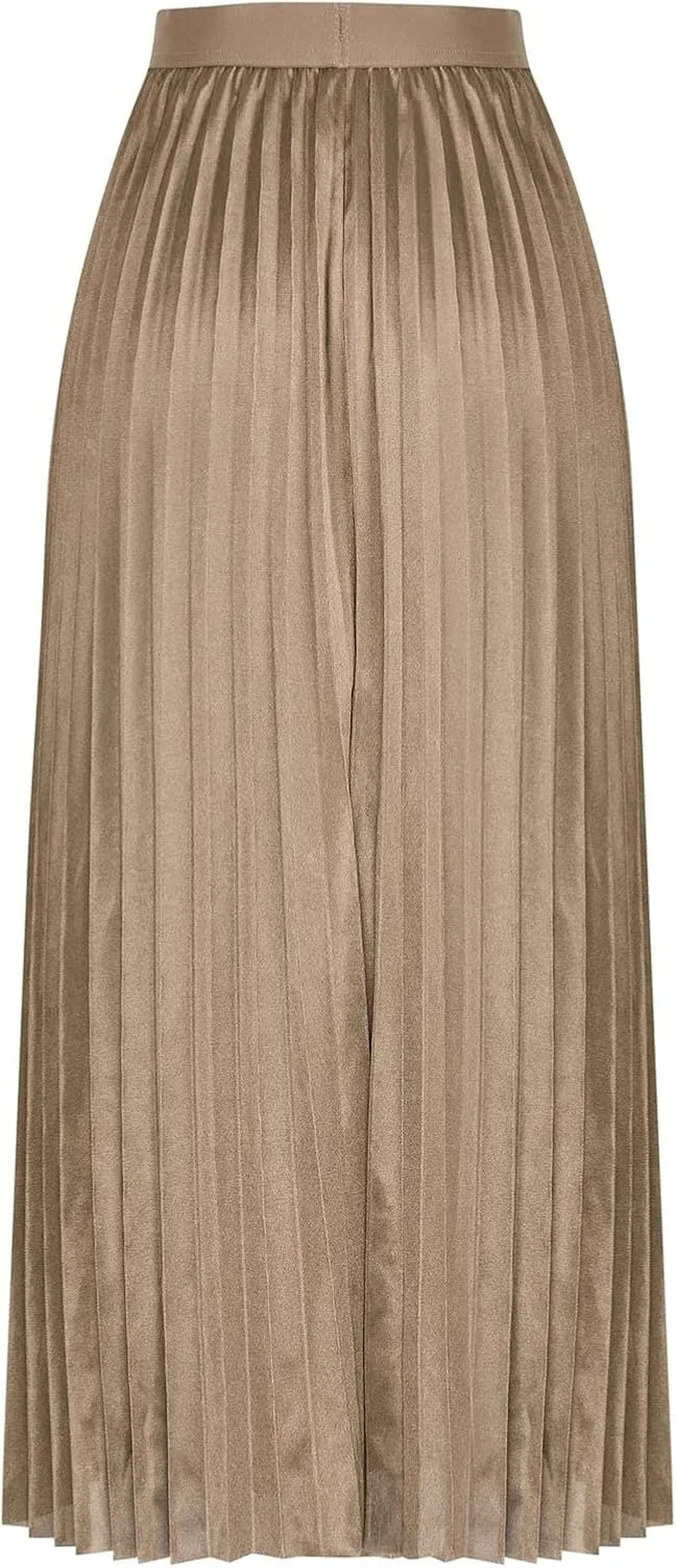 Womens Silk Satin High Waisted Maxi Skirts Dressy Hidden Elasticized Waistband Pleated Flowy Swing A Line Long Skirt