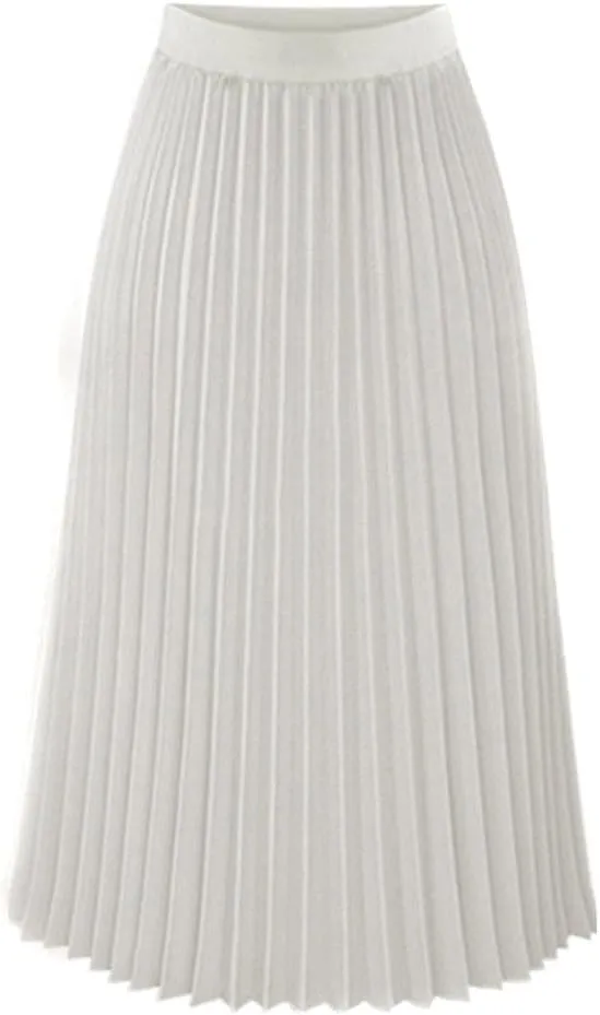 Womens Skirt Solid Print Midi Long Shirring Skirts High Waisted Flowy Pleated Skirt Chiffon Swing A-line Skirts
