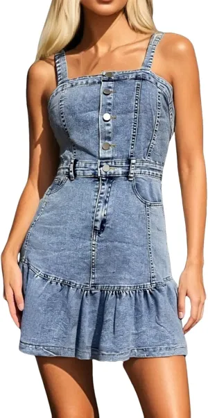 Womens Sleeveless Square Neck Denim Dress Button Up Bodycon Denim Overall Dress Cute Ruffle Mini Jean Lined Midi