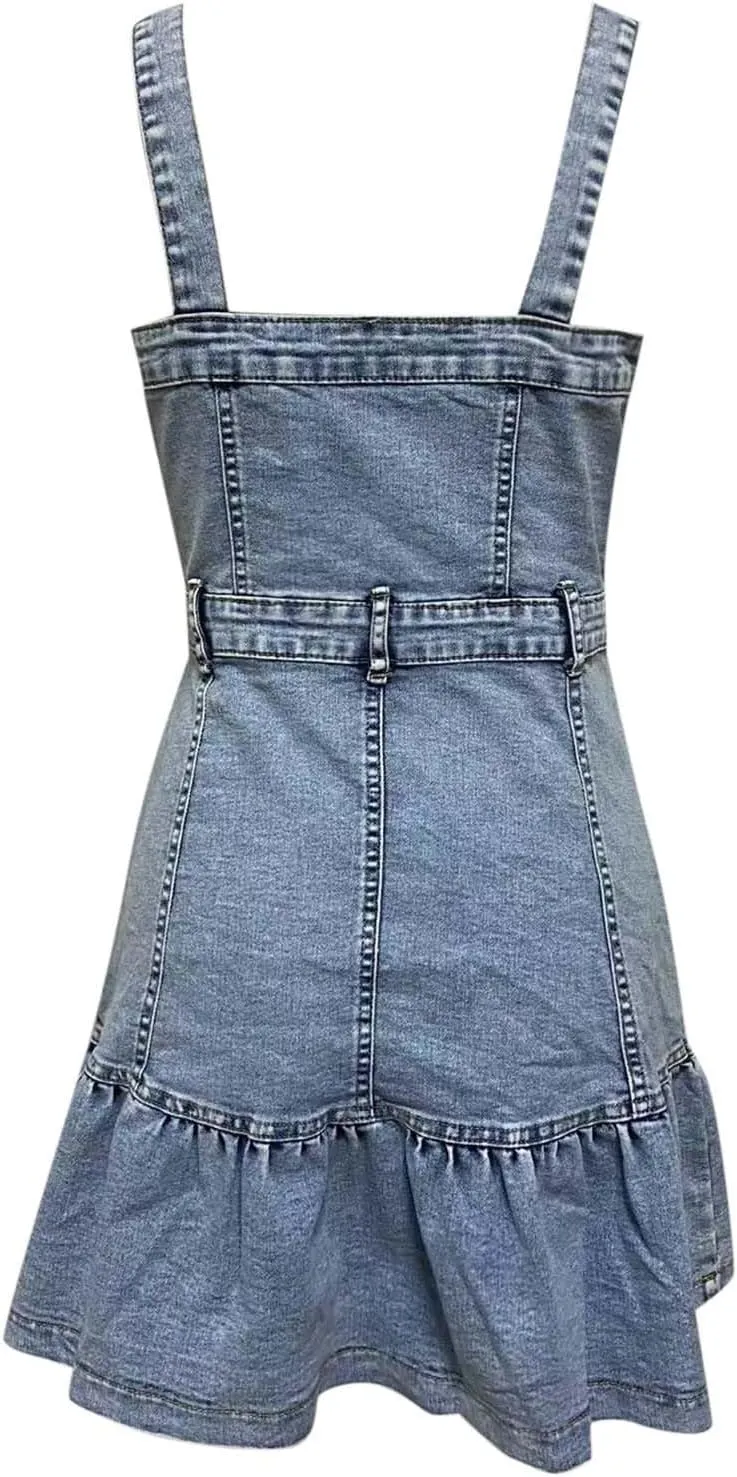Womens Sleeveless Square Neck Denim Dress Button Up Bodycon Denim Overall Dress Cute Ruffle Mini Jean Lined Midi