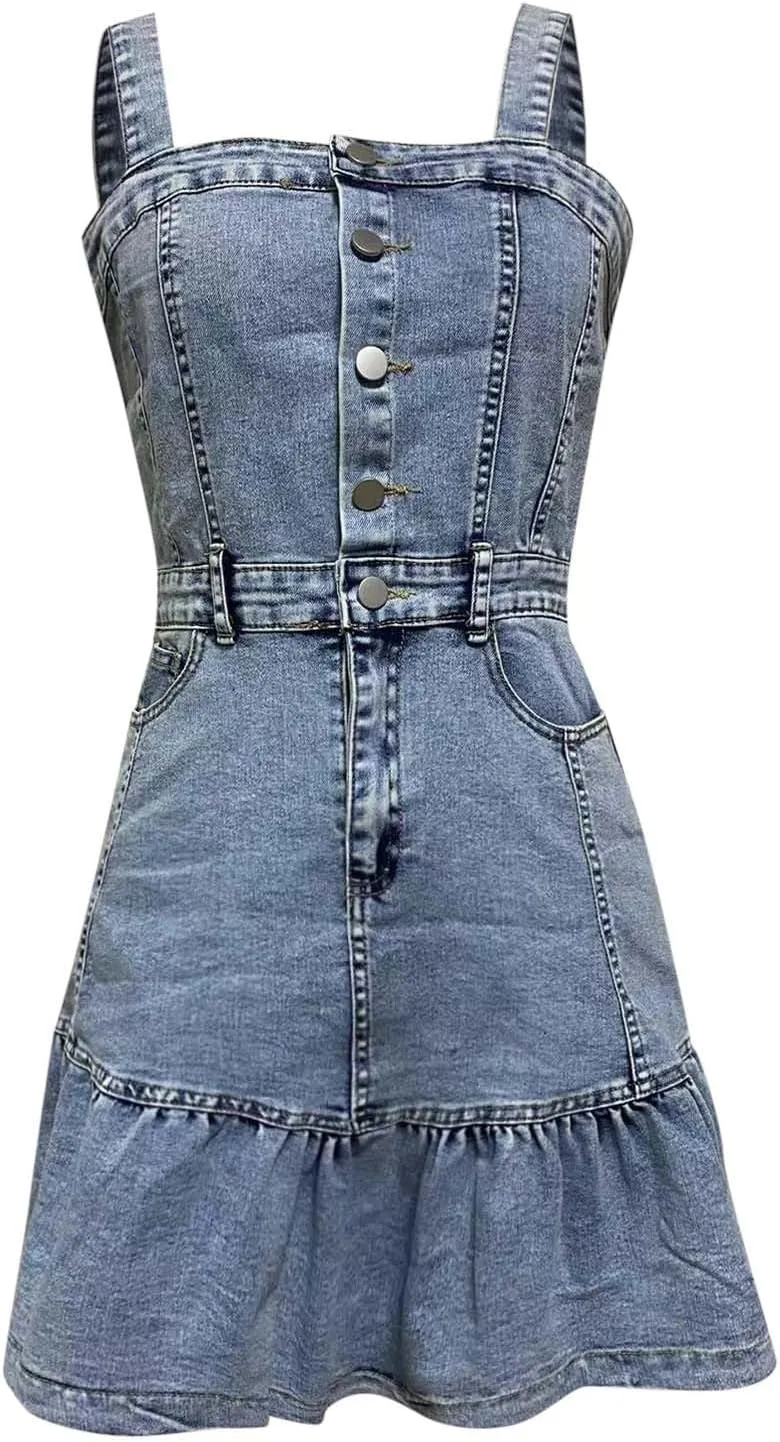 Womens Sleeveless Square Neck Denim Dress Button Up Bodycon Denim Overall Dress Cute Ruffle Mini Jean Lined Midi