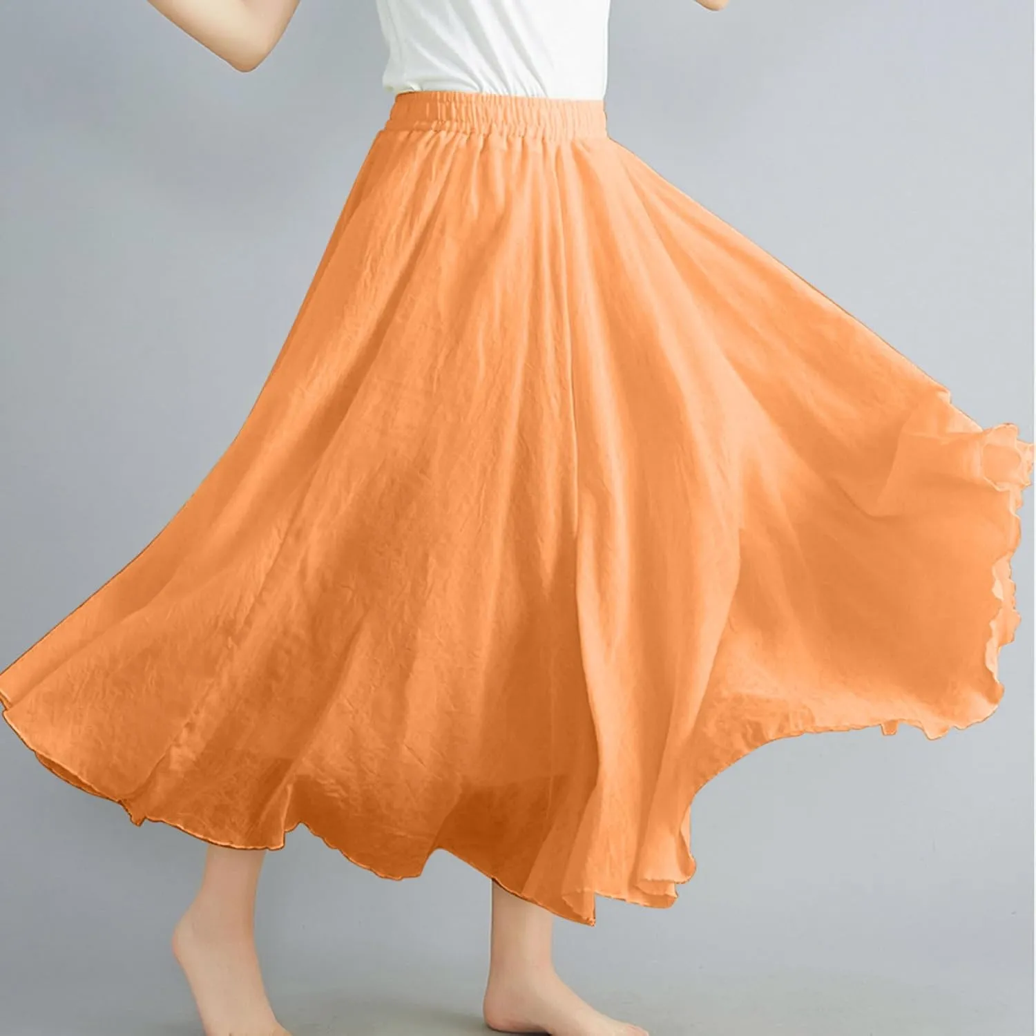 Women's Summer Beach Elastic High Waist A Line Long Skirts Trendy Casual Vacation Loose Solid Color Flowy Midi Skirt