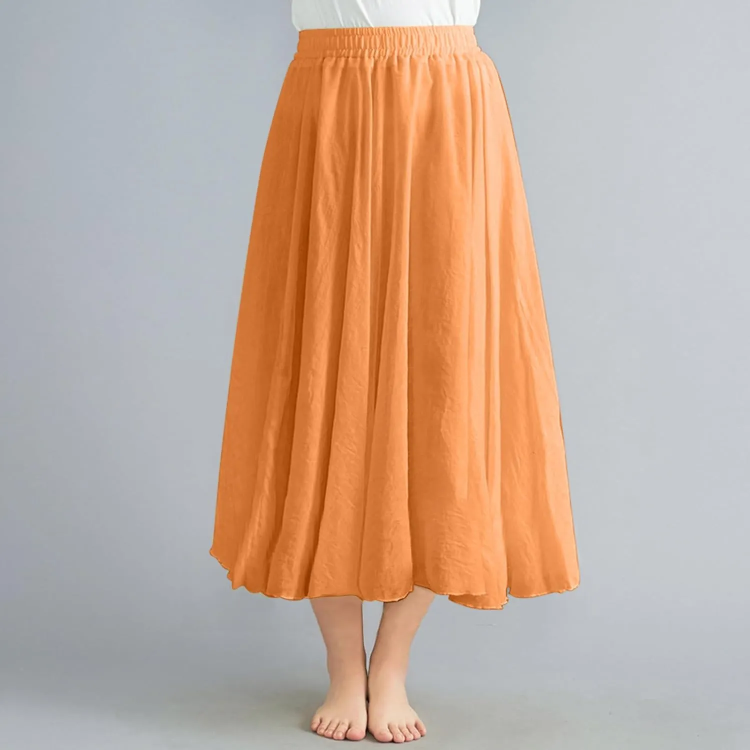 Women's Summer Beach Elastic High Waist A Line Long Skirts Trendy Casual Vacation Loose Solid Color Flowy Midi Skirt