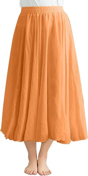 Women's Summer Beach Elastic High Waist A Line Long Skirts Trendy Casual Vacation Loose Solid Color Flowy Midi Skirt