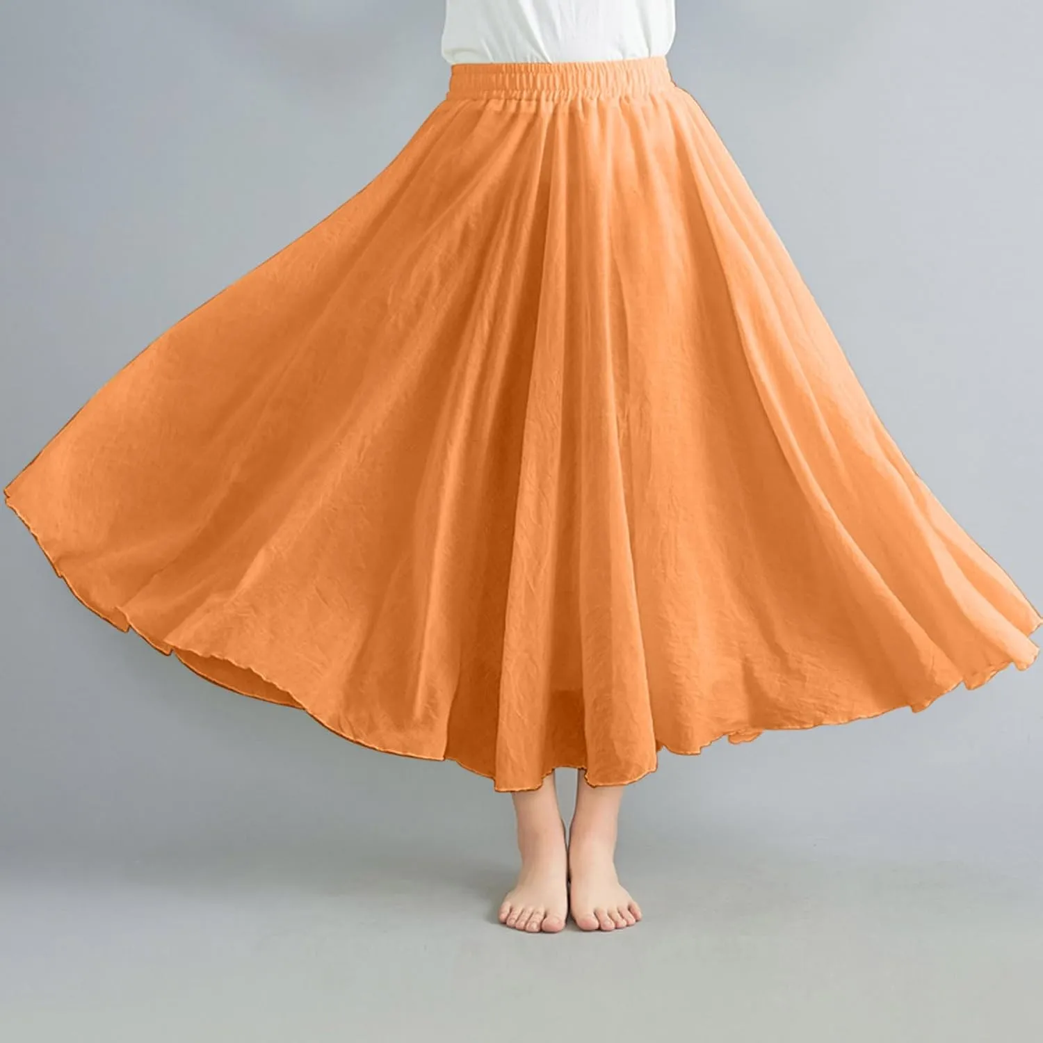 Women's Summer Beach Elastic High Waist A Line Long Skirts Trendy Casual Vacation Loose Solid Color Flowy Midi Skirt
