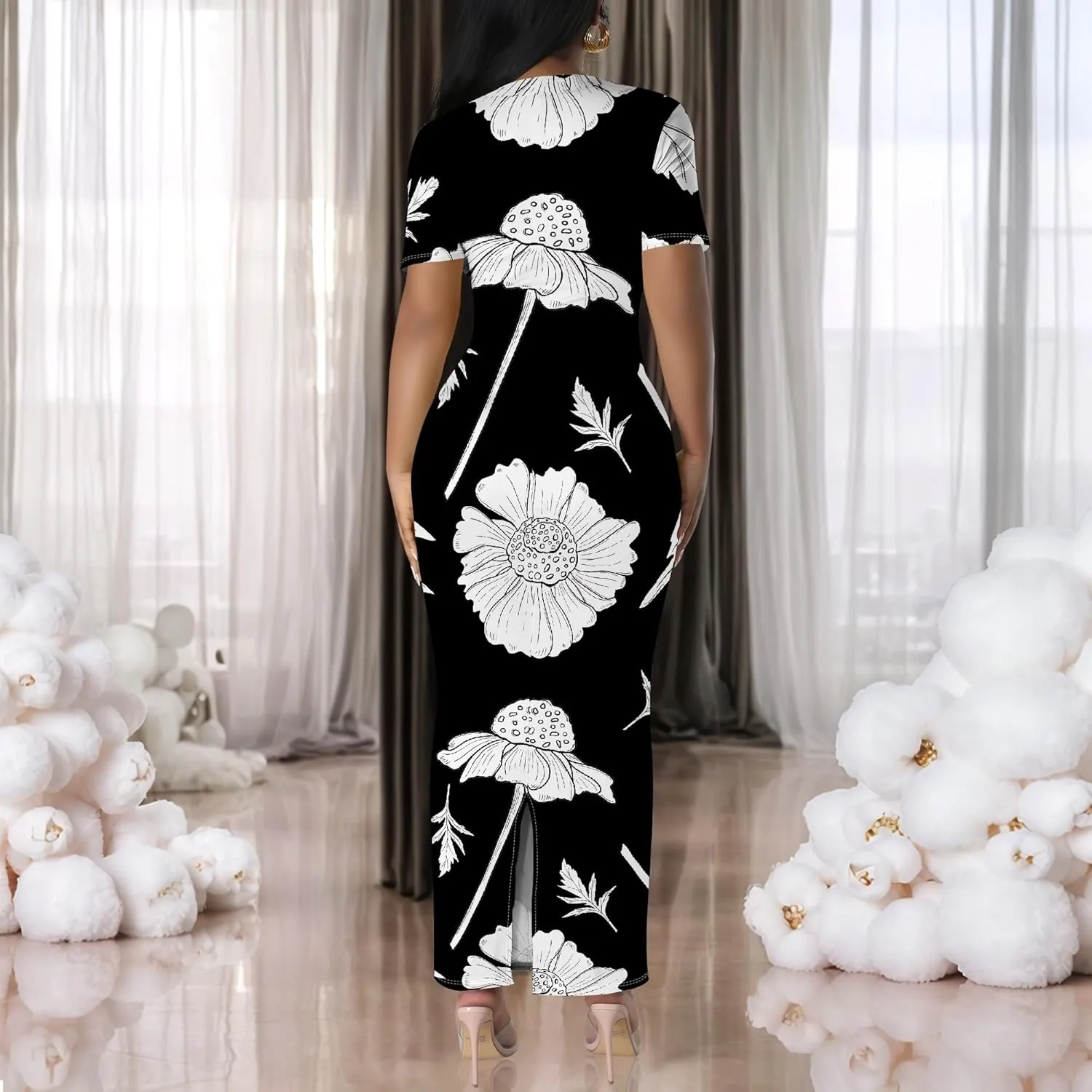 Women's Summer Bodycon Maxi Dress Casual Crewneck Short Sleeve Long Fitted Sundress Party Club Sexy Wrap Beach Vacation Dress