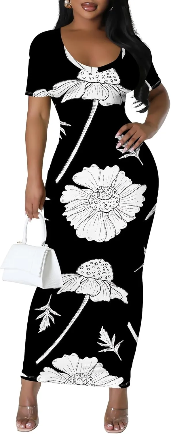 Women's Summer Bodycon Maxi Dress Casual Crewneck Short Sleeve Long Fitted Sundress Party Club Sexy Wrap Beach Vacation Dress