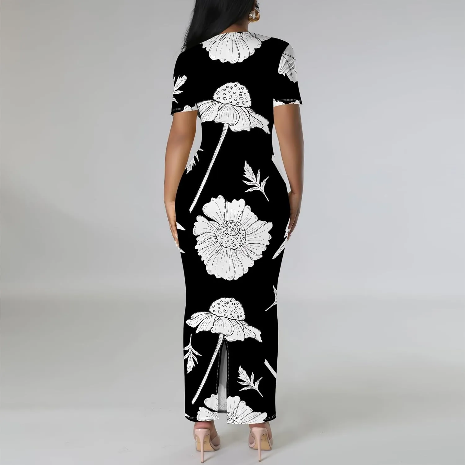 Women's Summer Bodycon Maxi Dress Casual Crewneck Short Sleeve Long Fitted Sundress Party Club Sexy Wrap Beach Vacation Dress