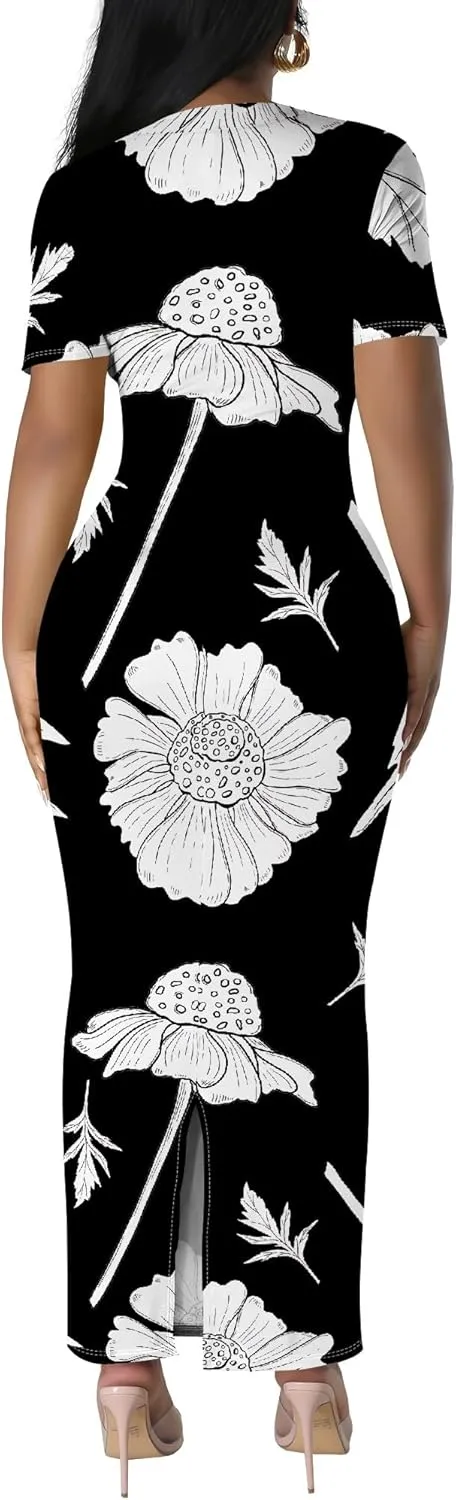 Women's Summer Bodycon Maxi Dress Casual Crewneck Short Sleeve Long Fitted Sundress Party Club Sexy Wrap Beach Vacation Dress