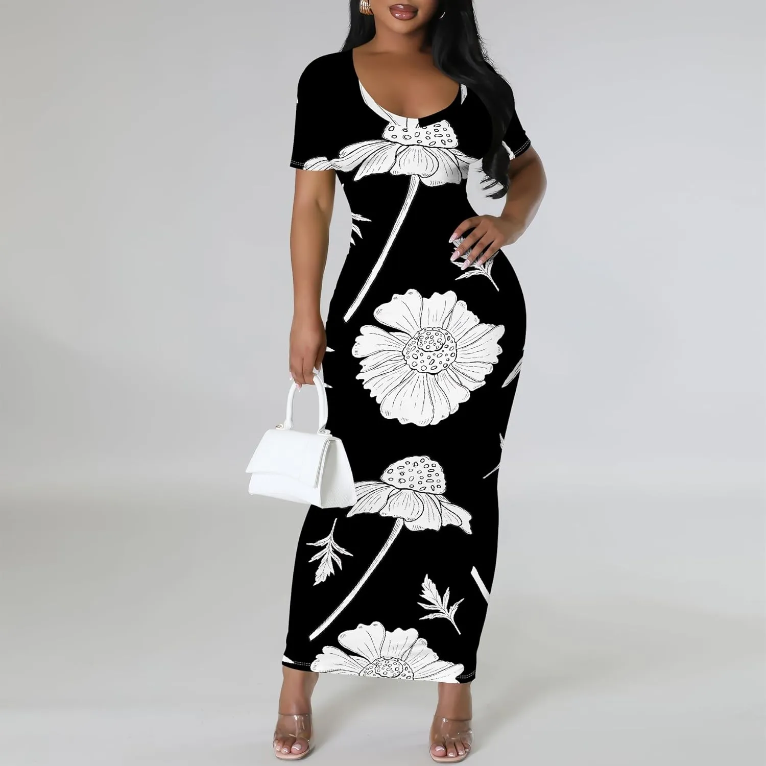 Women's Summer Bodycon Maxi Dress Casual Crewneck Short Sleeve Long Fitted Sundress Party Club Sexy Wrap Beach Vacation Dress