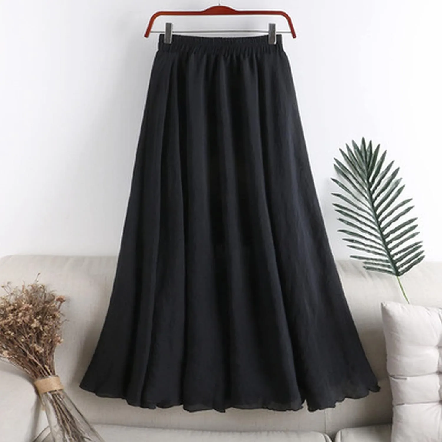 Women's Summer Cotton and Half Skirt High Waisted Slimming Mid Length A Line Loose Elastic Belt Skirt Fashion