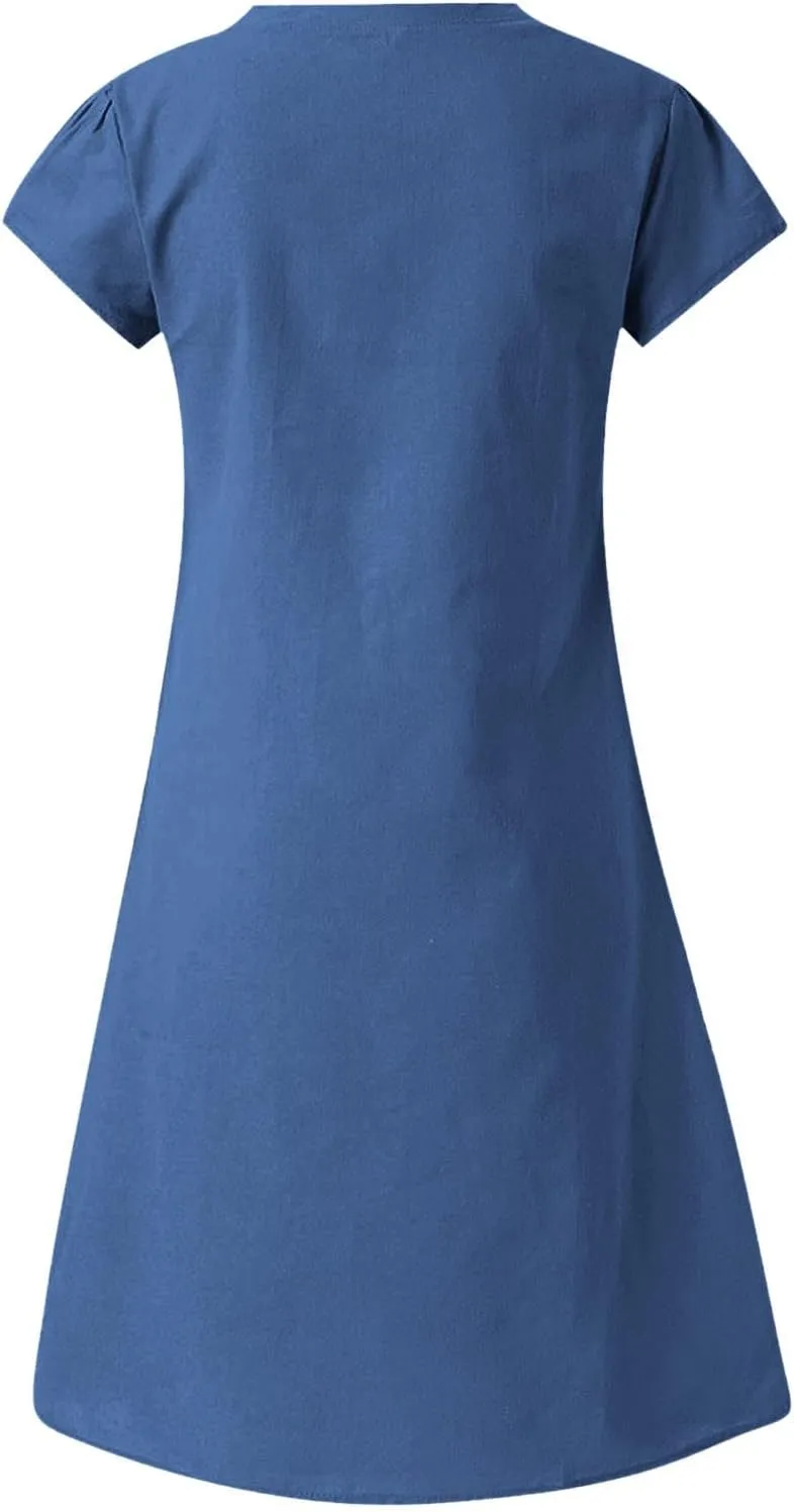 Womens Summer Cotton Linen Dresses Casual V Neck Short Sleeve Midi Dress Solid Color Shirt Dress Plus Size Boho Sundress