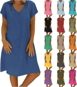 Womens Summer Cotton Linen Dresses Casual V Neck Short Sleeve Midi Dress Solid Color Shirt Dress Plus Size Boho Sundress