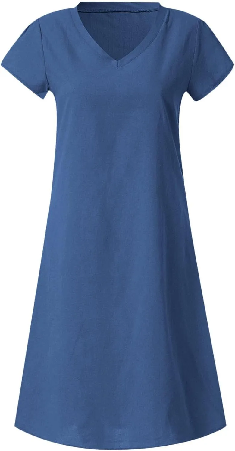 Womens Summer Cotton Linen Dresses Casual V Neck Short Sleeve Midi Dress Solid Color Shirt Dress Plus Size Boho Sundress