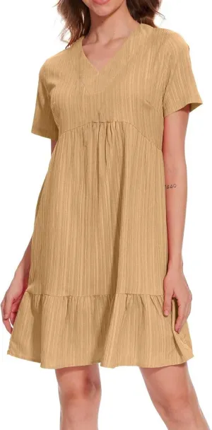 Women's Summer Dresses Casual Midi Swing Short Sleeve V Neck Tiered A Line Flowy Beach Dress Sundress 2025