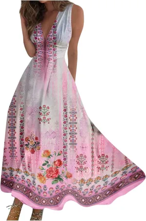 Womens Summer Dresses Floral Print Flowy Ruched Boho Dress Wrap V Neck Sleeveless Maxi Dress High Waist Sundress