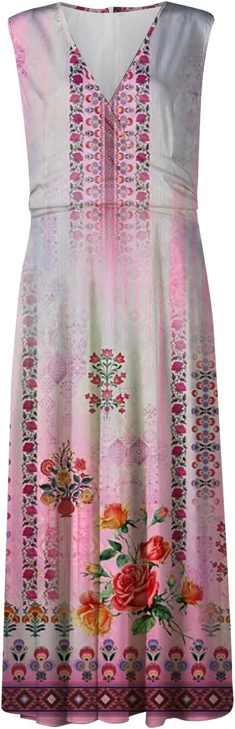 Womens Summer Dresses Floral Print Flowy Ruched Boho Dress Wrap V Neck Sleeveless Maxi Dress High Waist Sundress