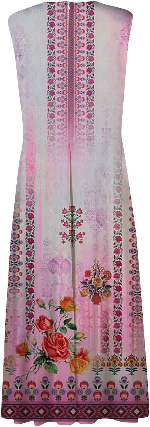 Womens Summer Dresses Floral Print Flowy Ruched Boho Dress Wrap V Neck Sleeveless Maxi Dress High Waist Sundress