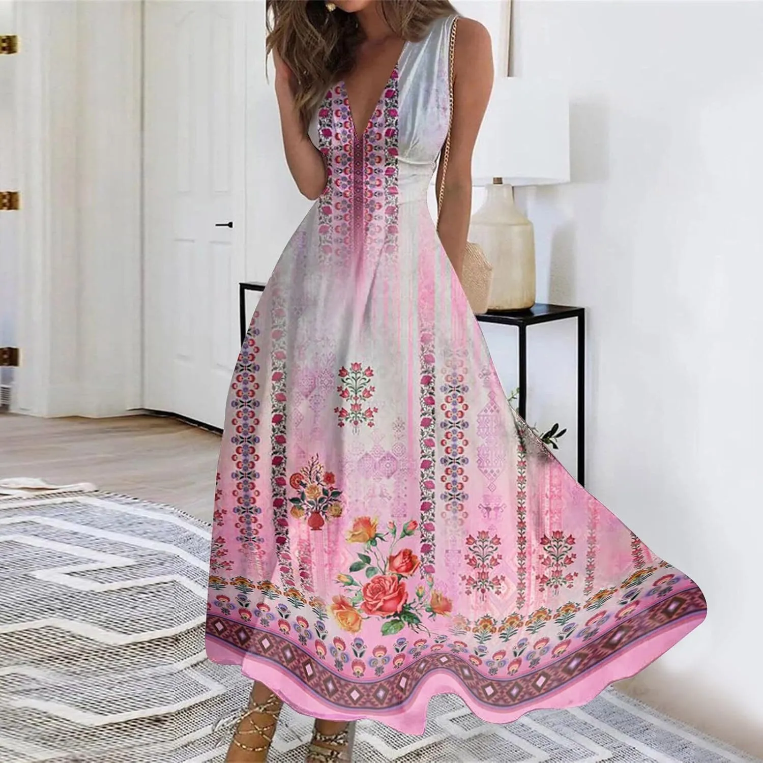 Womens Summer Dresses Floral Print Flowy Ruched Boho Dress Wrap V Neck Sleeveless Maxi Dress High Waist Sundress