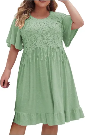 Womens Summer Lace Patchwork Dresses 2025 Boho Tassel Crewneck Short Sleeve Beach Mini Dress Ruffle Casual Sundress