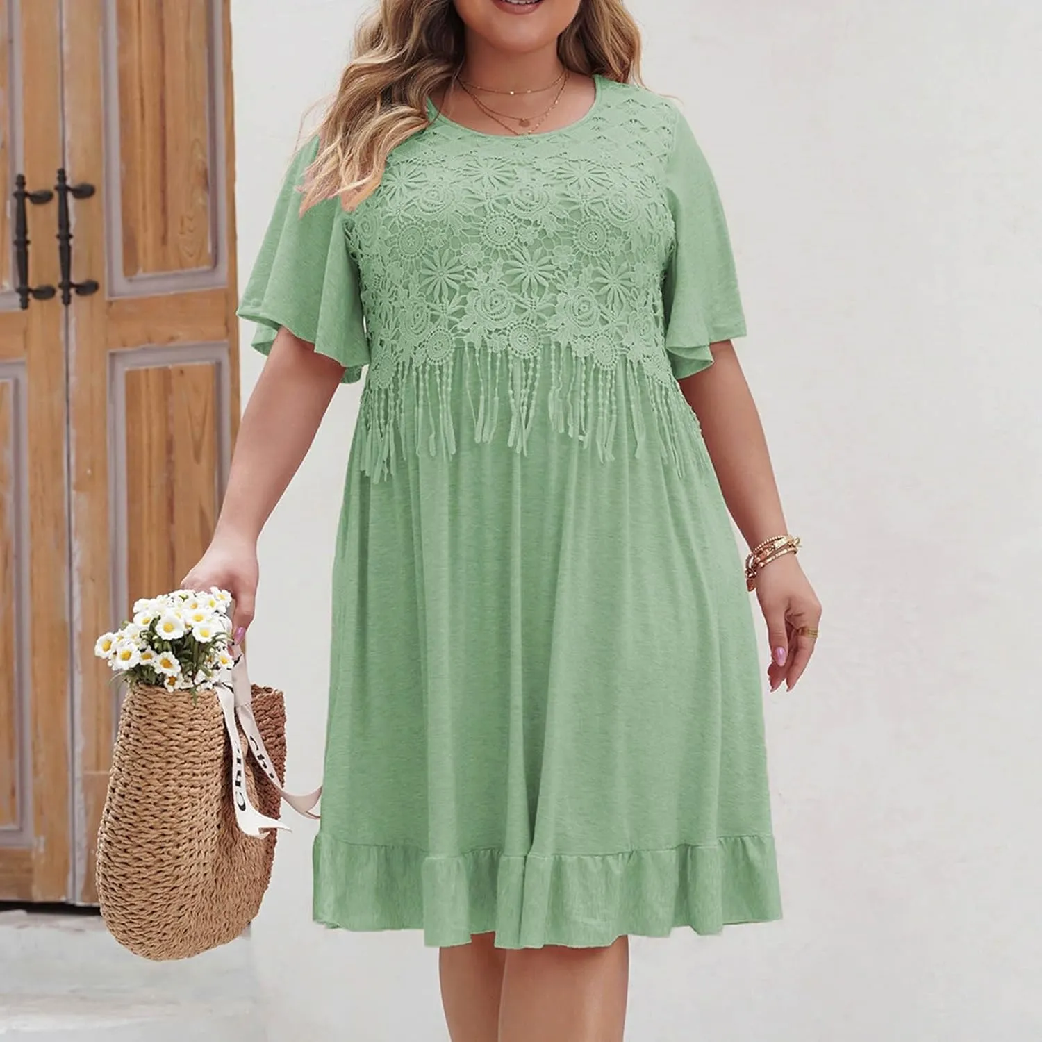 Womens Summer Lace Patchwork Dresses 2025 Boho Tassel Crewneck Short Sleeve Beach Mini Dress Ruffle Casual Sundress