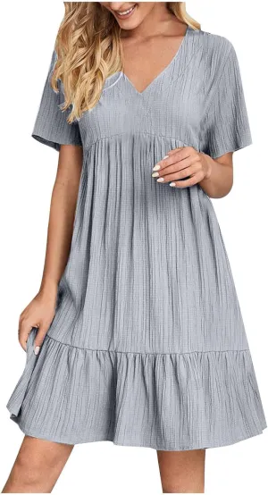 Women's Summer Midi Swing Dresses Casual Short Sleeve V Neck Pleated Tiered A Line Flowy Beach Sundress 2025
