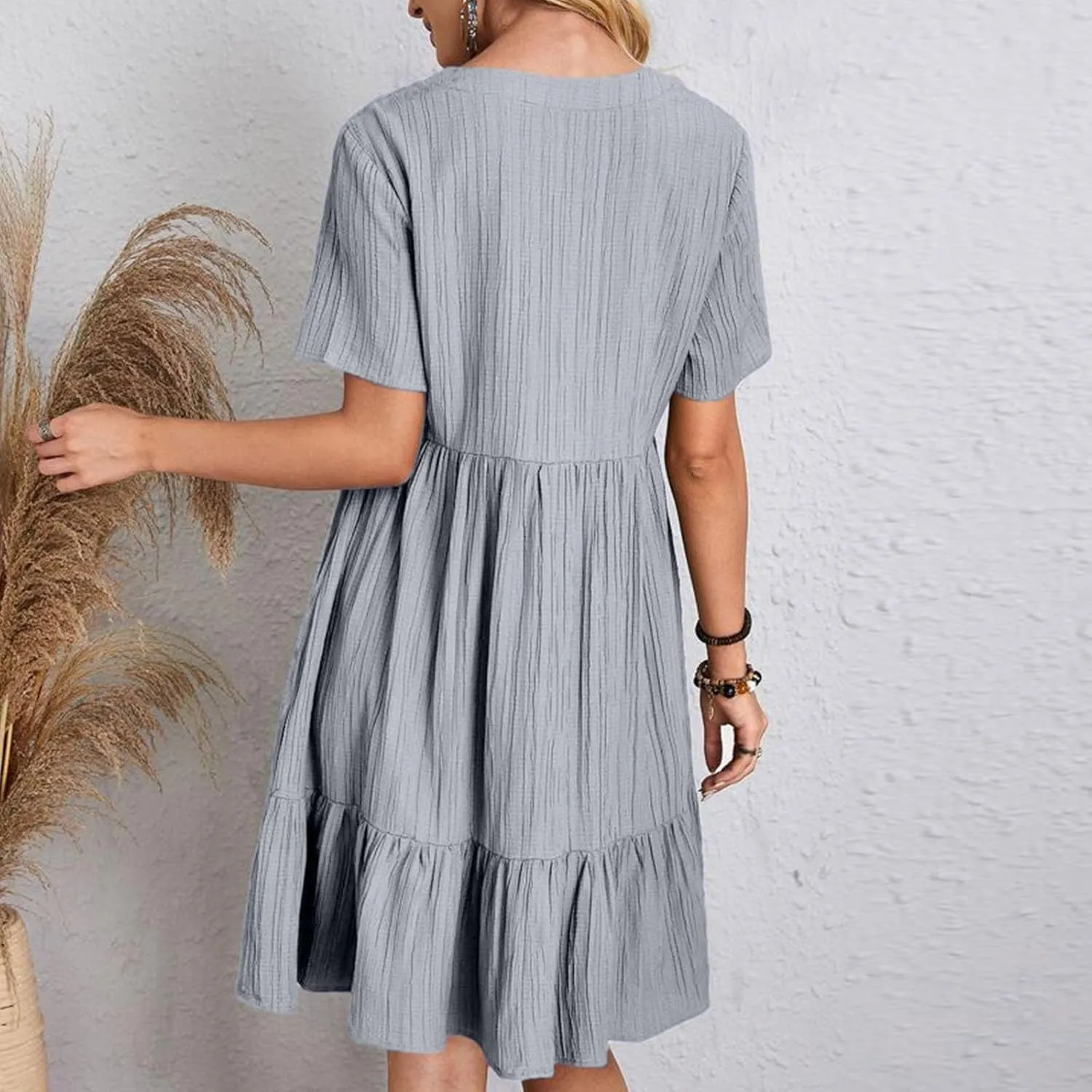 Women's Summer Midi Swing Dresses Casual Short Sleeve V Neck Pleated Tiered A Line Flowy Beach Sundress 2025