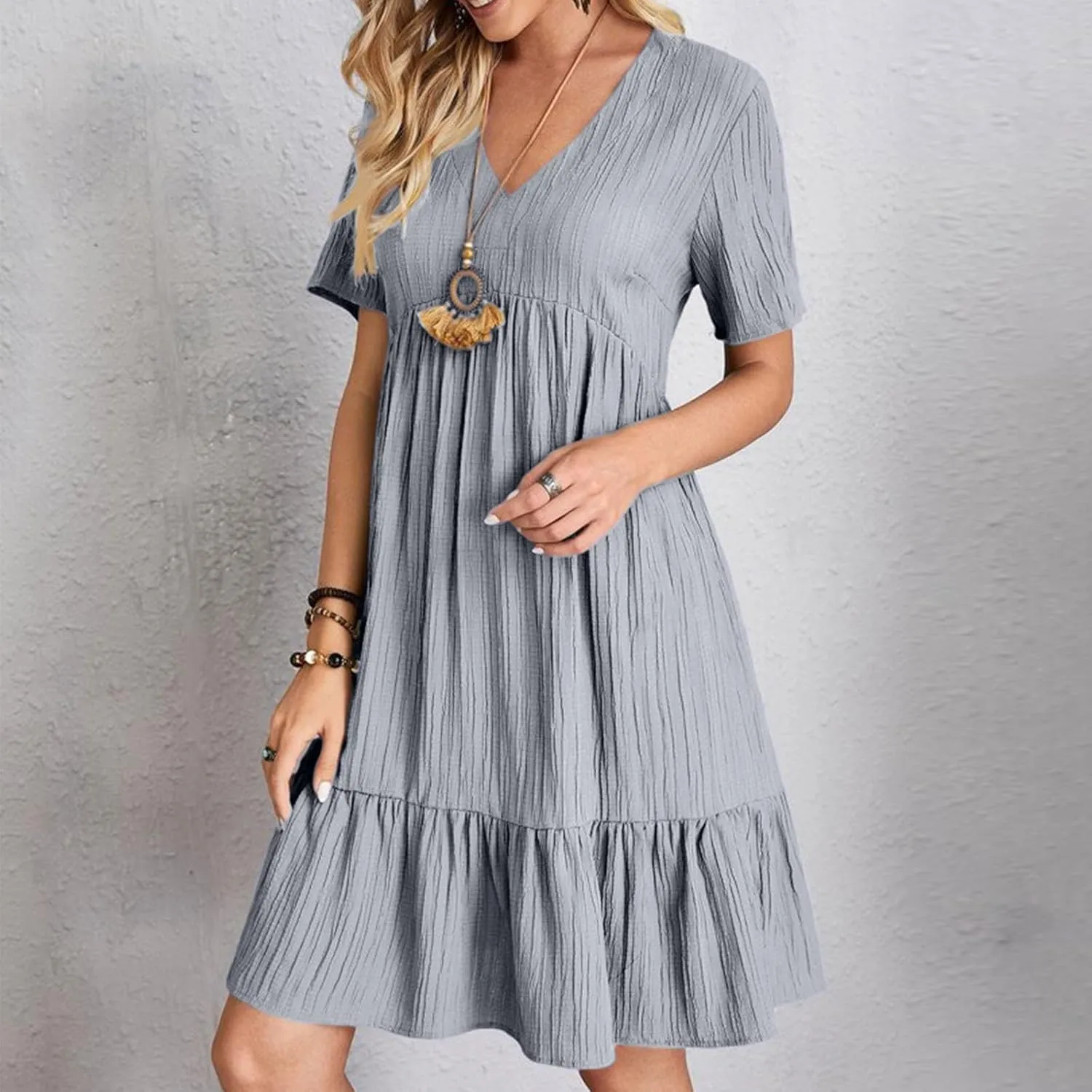 Women's Summer Midi Swing Dresses Casual Short Sleeve V Neck Pleated Tiered A Line Flowy Beach Sundress 2025