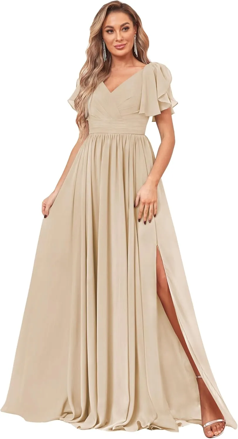 Women's V Neck Bridesmaid Dresses with Slit Short Sleeve Pleated Long Chiffon Formal Evening Dresses