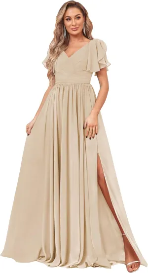 Women's V Neck Bridesmaid Dresses with Slit Short Sleeve Pleated Long Chiffon Formal Evening Dresses