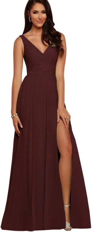 Women's V Neck Long Chiffon Split Evening Prom Gowns Customize Burgundy