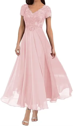 Women's V Neck Mother of The Bride Chiffon Tea Length Dresses with Sleeves Lace Formal Evening Gowns
