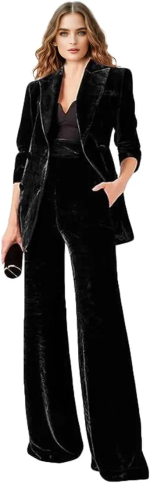 Womens Velvet Suit 2 PC Double Breasted Pants Suit Peak Lapel Formal Suit Womens Business Suits