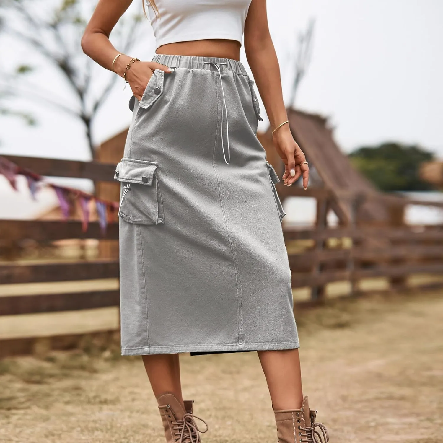 Womens Vintage Cargo Denim Midi Skirt Frayed Raw Hem Drawstring High Waist A-Line Long Jean Skirts with Pockets
