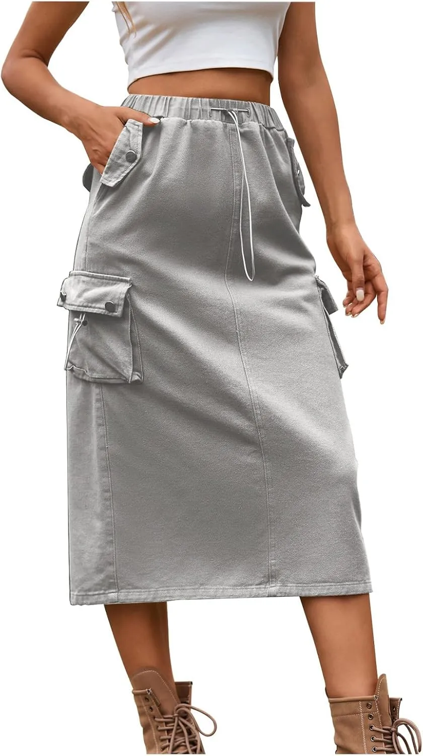 Womens Vintage Cargo Denim Midi Skirt Frayed Raw Hem Drawstring High Waist A-Line Long Jean Skirts with Pockets