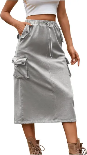 Womens Vintage Cargo Denim Midi Skirt Frayed Raw Hem Drawstring High Waist A-Line Long Jean Skirts with Pockets