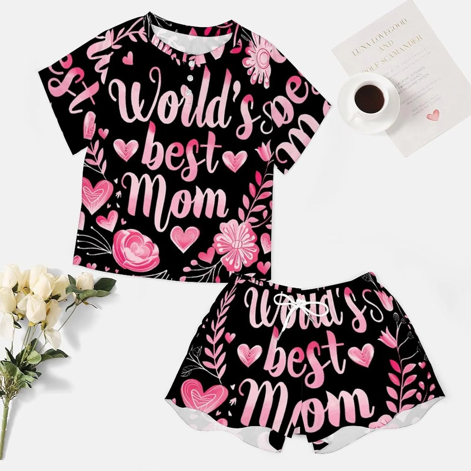 World's Best Mom Women's Pajamas Set 2 Piece Short Sleeve Shirt And Shorts Loungewear Sleepwear
