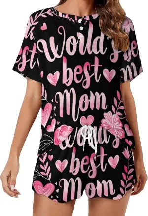World's Best Mom Women's Pajamas Set 2 Piece Short Sleeve Shirt And Shorts Loungewear Sleepwear