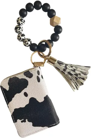 Wristlet Bracelet Keychain with Cute Cow Print Wallet Card Holder Pocket Coin Purse Key Ring for Women