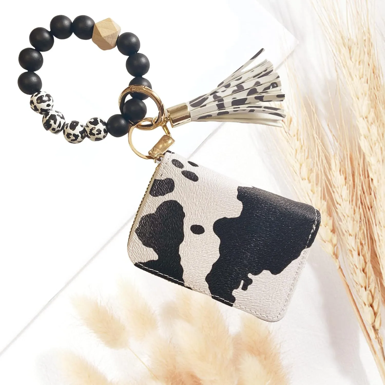 Wristlet Bracelet Keychain with Cute Cow Print Wallet Card Holder Pocket Coin Purse Key Ring for Women