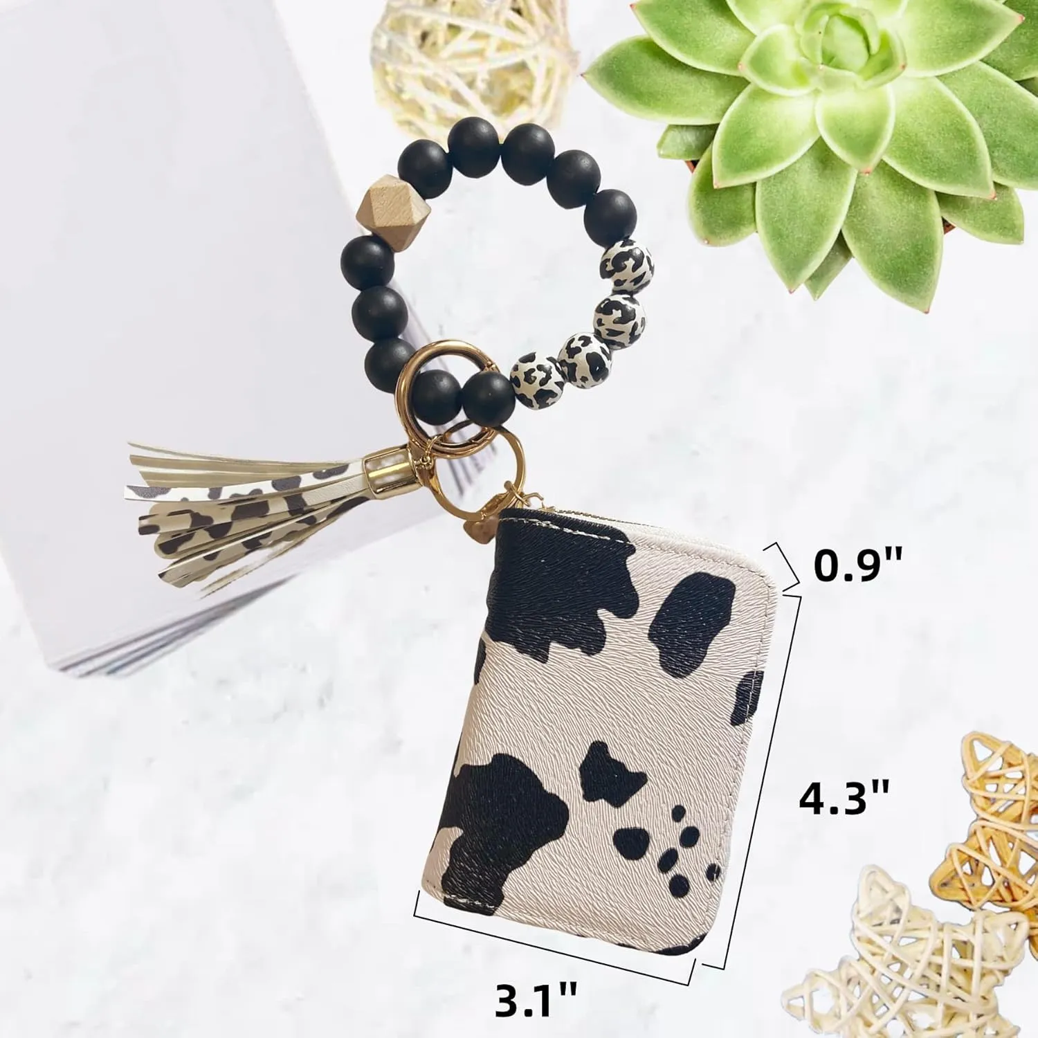 Wristlet Bracelet Keychain with Cute Cow Print Wallet Card Holder Pocket Coin Purse Key Ring for Women