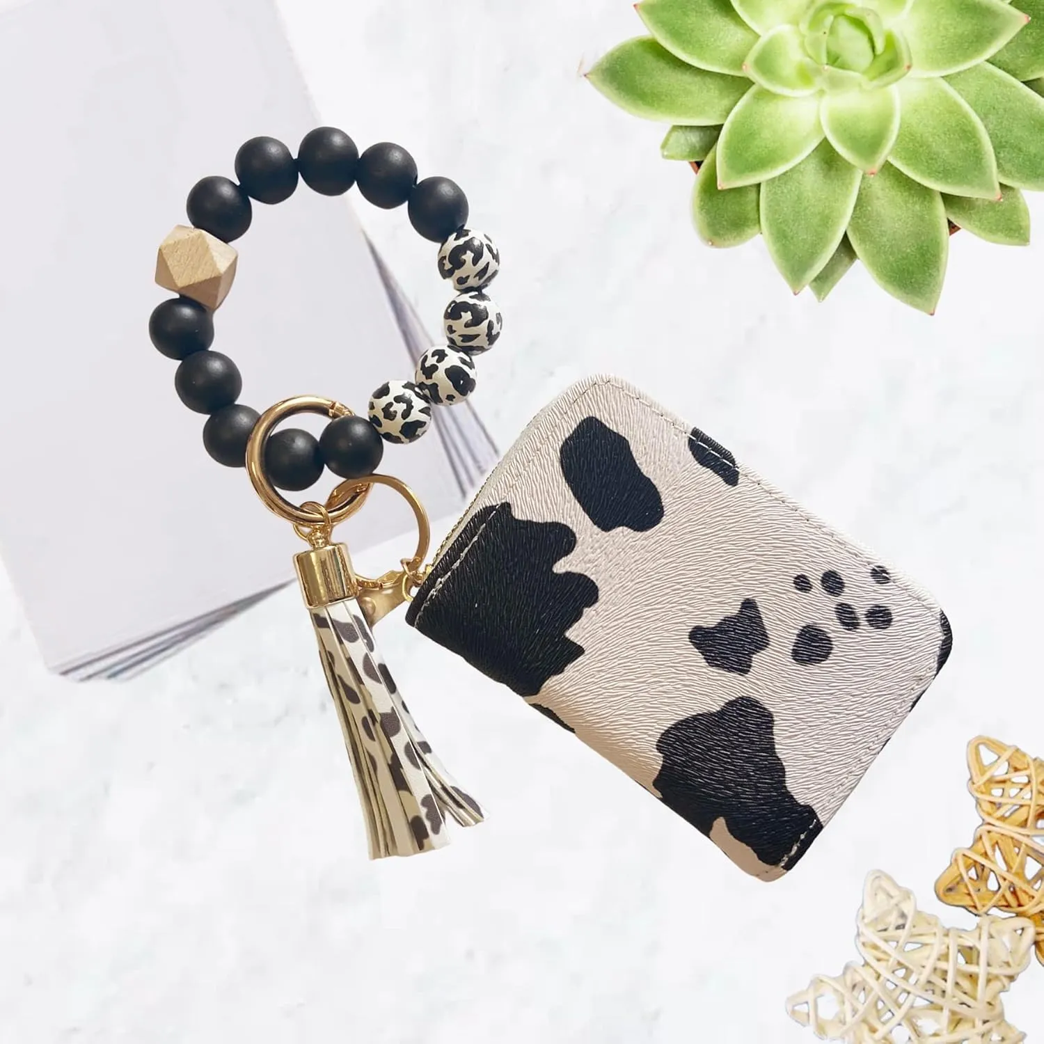 Wristlet Bracelet Keychain with Cute Cow Print Wallet Card Holder Pocket Coin Purse Key Ring for Women