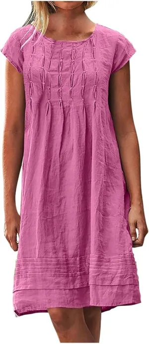 XOWRTE Women's Cotton Linen Midi Dress Plus Size Cap Sleeve Pleated Summer Dresses Vacation 2025 Crew Neck Wear