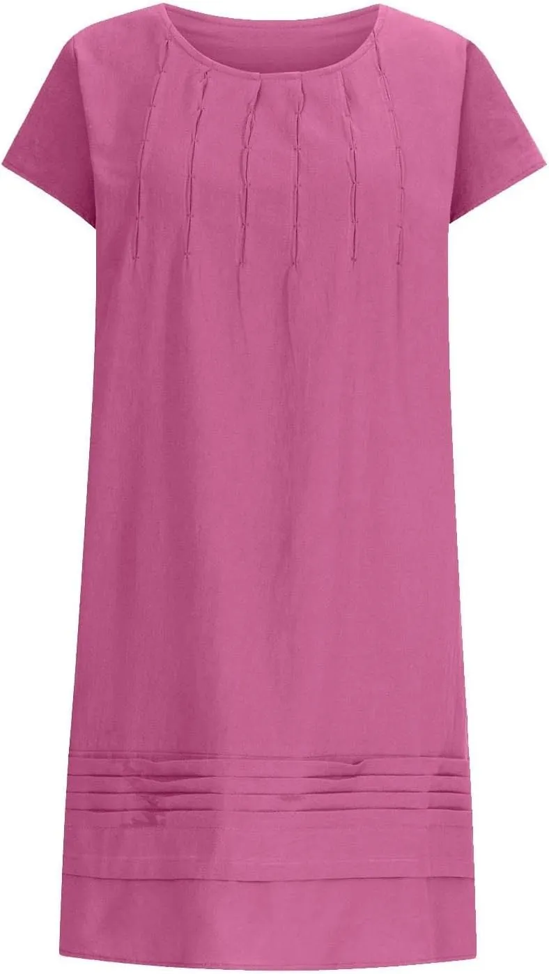 XOWRTE Women's Cotton Linen Midi Dress Plus Size Cap Sleeve Pleated Summer Dresses Vacation 2025 Crew Neck Wear