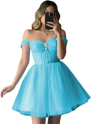 XYAYE Sparkly Tulle Homecoming Dresses Off Shoulder Short Prom Dresses for Teens Puffy Sweetheart A Line Cocktail Dress