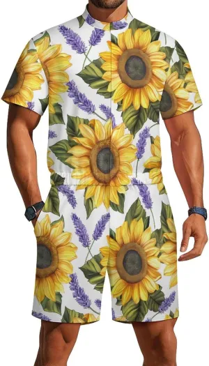 Yellow Sunflowers Purple Lavender Flowers Mens Short Sleeve Rompers Printed Slim Fit One Piece Jumpsuit with Pocket