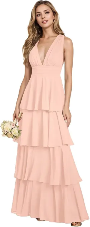 yinyyinhs V Neck Chiffon Bridesmaid Dresses for Women 2025 Long Tiered A-Line Ruffles Formal Evening Party Dress